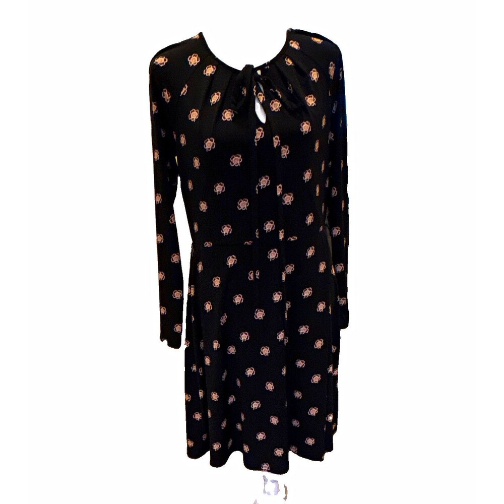Ann Taylor Factory Black Floral  A-Line Dress Key Hole Neck, Tie Accent M